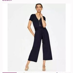 Boden Navy V-Neck Wide-Leg Jumpsuit with Tie Waist and Pockets